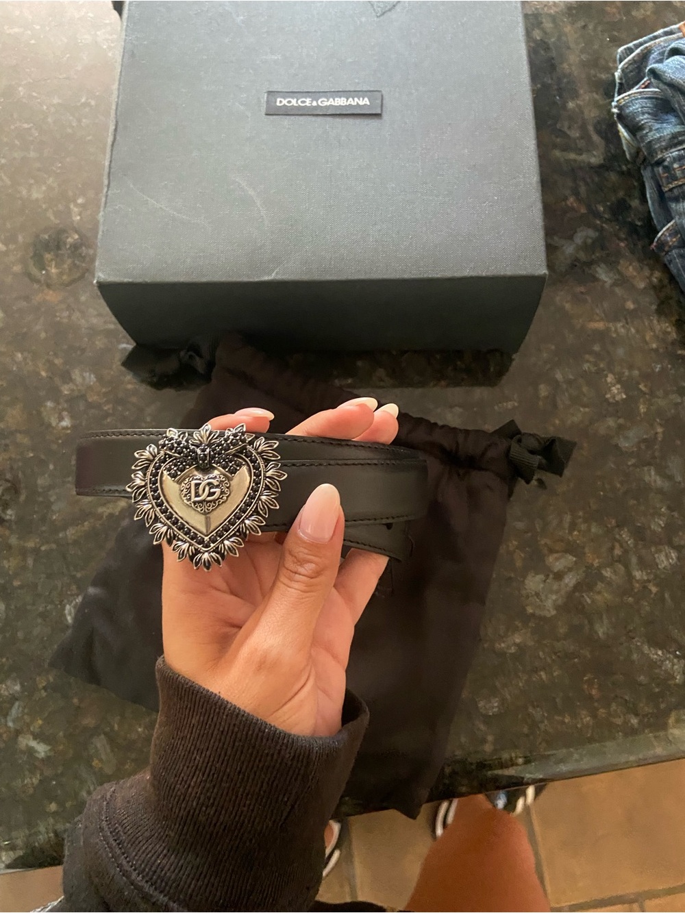 Dolce & Gabbana Devotion Black Leather Belt with Ornate Silver Heart Buckle